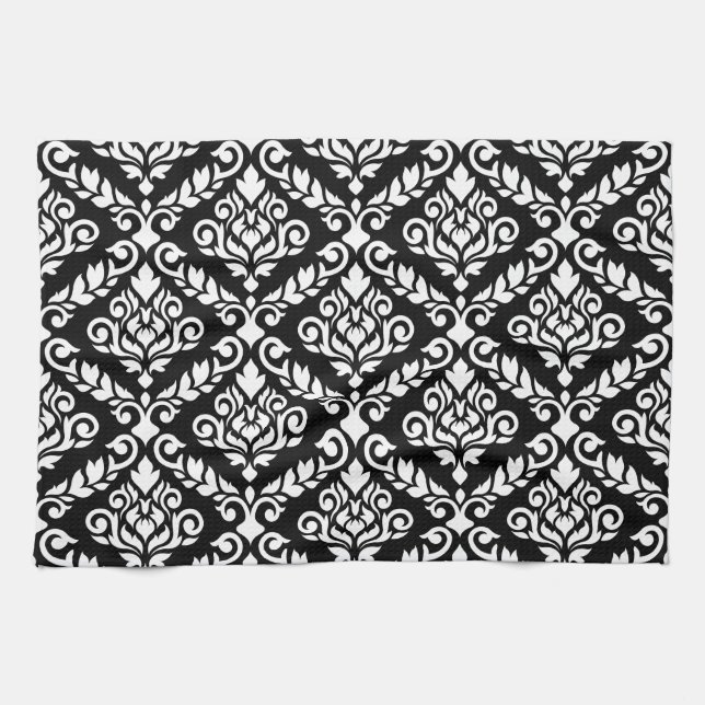 Prima Damask Big Ptn White on Black Tea Towel (Horizontal)