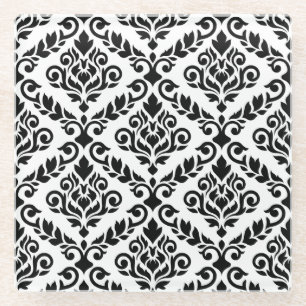 Prima Damask Pattern Black on White Glass Coaster