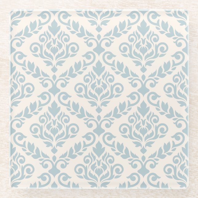 Prima Damask Pattern Blue on Cream Glass Coaster (Front)