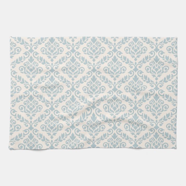 Prima Damask Pattern Blue on Cream Tea Towel (Horizontal)