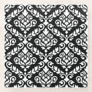Prima Damask Pattern White on Black Glass Coaster