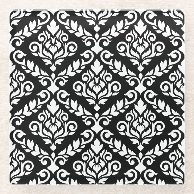 Prima Damask Pattern White on Black Glass Coaster (Front)