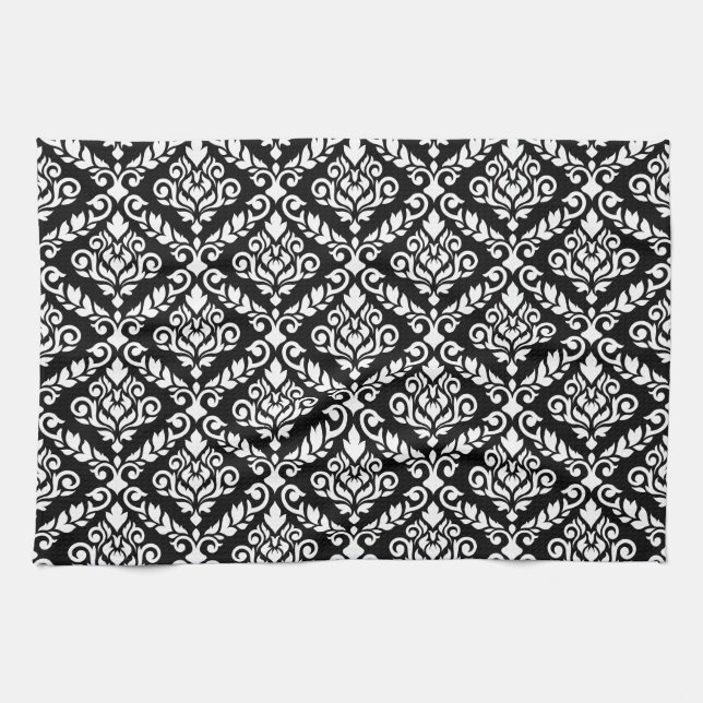 Prima Damask Pattern White on Black Tea Towel (Horizontal)