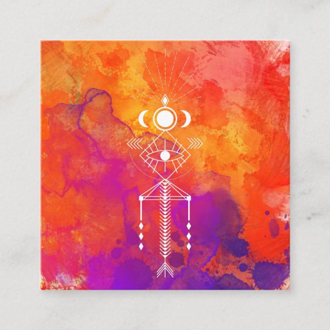 *~* Primal Tribal Orange Purple Reiki Aztec Shaman Square Business Card (Front)