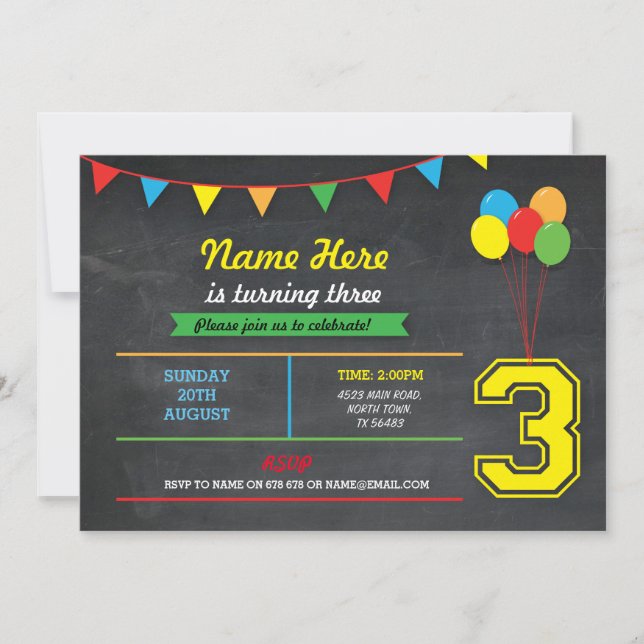 Primary Colour Birthday Girls Boys 3rd three Invit Invitation (Front)