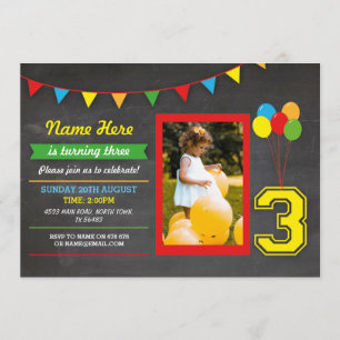 Primary Colour Birthday Girls Boys 3rd Three Photo Invitation
