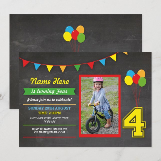 Primary Colour Birthday Girls Boys Four 4th Photo Invitation (Front/Back)