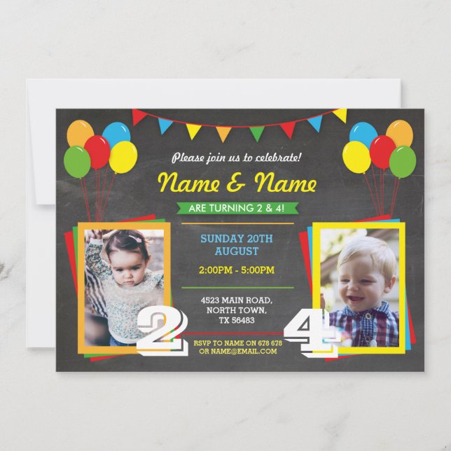 Primary Colour Birthday Girls Boys Joint Photo Invitation (Front)