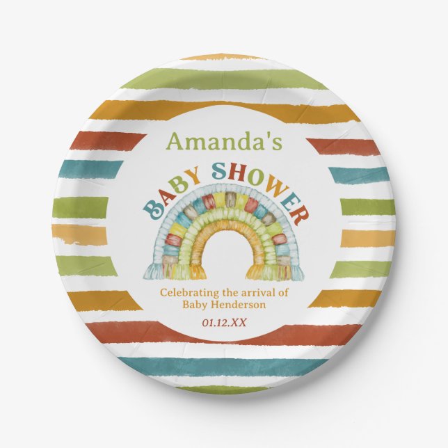 Primary Colour Boho Rainbow Baby Shower Paper Plate (Front)