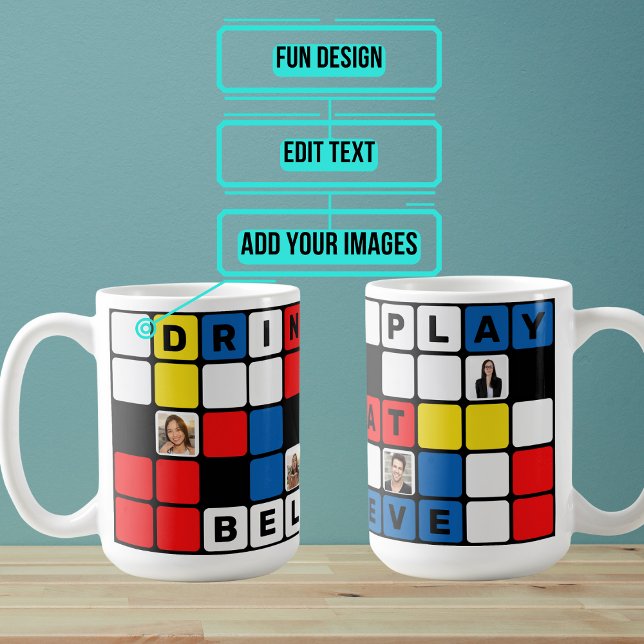 Primary Colour Squares with Letters and Photos Coffee Mug (This colorful design has a number of squares in primary colors.)