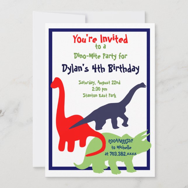 Primary Colours Dinosaur Birthday Party Invitation (Front)