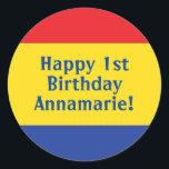 Primary Colours Kid's Birthday Party Classic Round Sticker<br><div class="desc">Red Yellow and Blue,  it's time to celebrate you!  This primary coloured 1st birthday party theme with a retro feel is perfect for celebrating your little kid boy or girl on their first birthday or any birthday!</div>