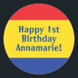 Primary Colours Kid's Birthday Party Classic Round Sticker<br><div class="desc">Red Yellow and Blue,  it's time to celebrate you!  This primary coloured 1st birthday party theme with a retro feel is perfect for celebrating your little kid boy or girl on their first birthday or any birthday!</div>