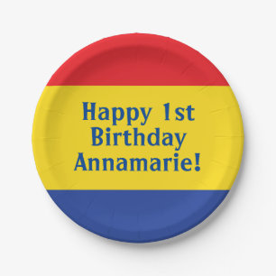 Primary Colours Red Yellow Blue 1st Birthday Party Paper Plate