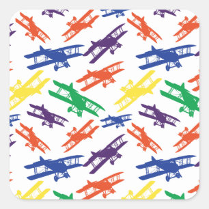 Primary Colours Vintage Biplane Aeroplane Pattern Square Sticker