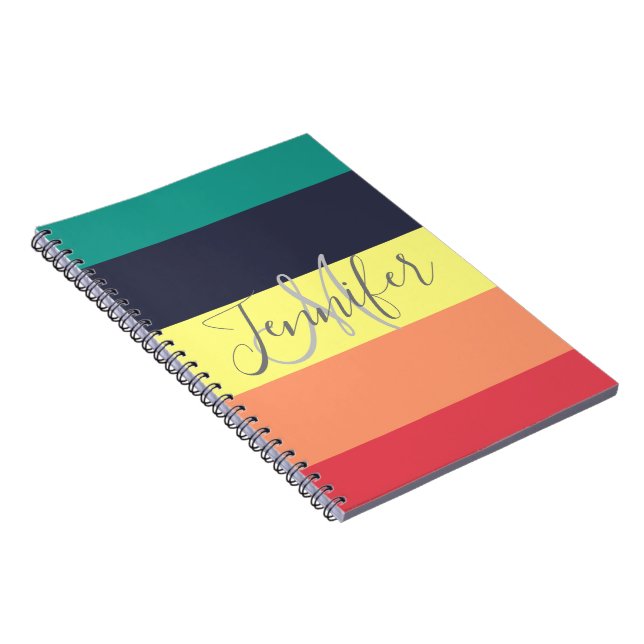 Primary Rainbow Colour Block Stripe Monogram Name Notebook (Right Side)