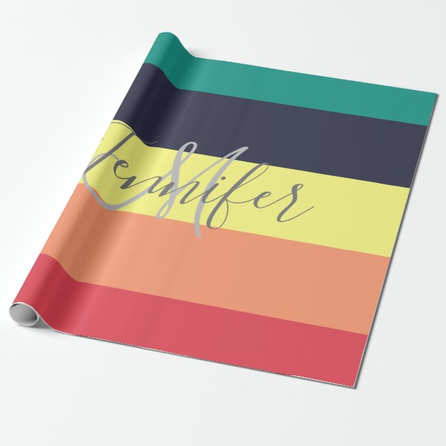 Primary Rainbow Colour Block Stripe Monogram Name Wrapping Paper (Unrolled)