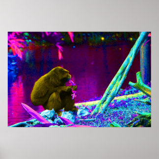 Primate eating greens on edge of land neon poster