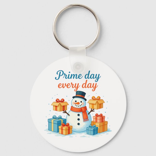 Prime Day Every Day, Snowman holding gifts Holiday Key Ring (Front)