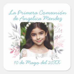 Primera Comunión con Foto y Flores Spanish Square Sticker