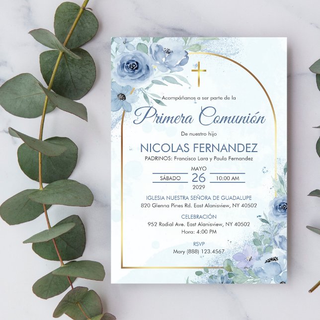 Primera Comunion Cute Blue Flowers First Communion Invitation (Creator Uploaded)