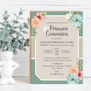 Primera Comunion Cute Pink Flowers First Communion Invitation