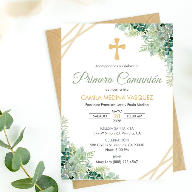 Primera Comunion Invitacion Cute Green Leaves Invitation (Creator Uploaded)