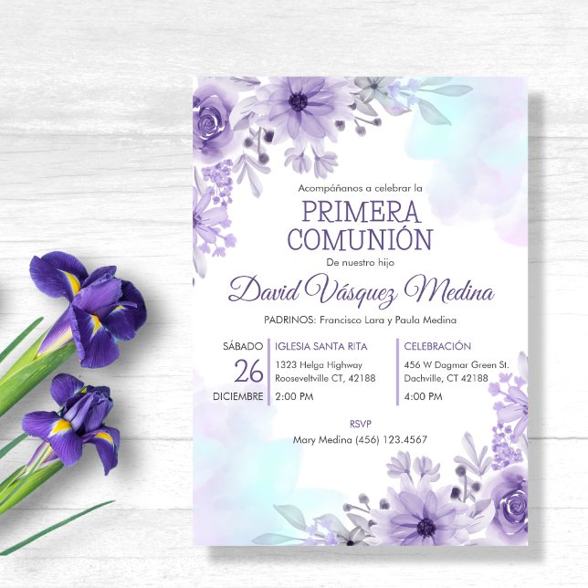 Primera Comunion Invitacion Cute Purple Flowers Invitation (Creator Uploaded)