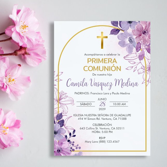 Primera Comunion Invitacion Cute Purple Flowers Invitation (Creator Uploaded)