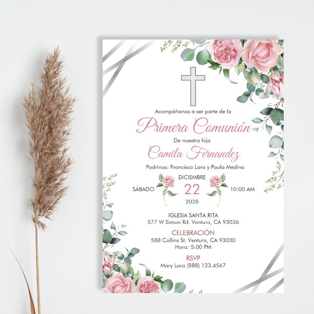 Primera Comunion Invitacion Watercolor Pink Roses Invitation (Creator Uploaded)