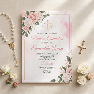 Primera Comunión Pink Floral Rose christian Invitation