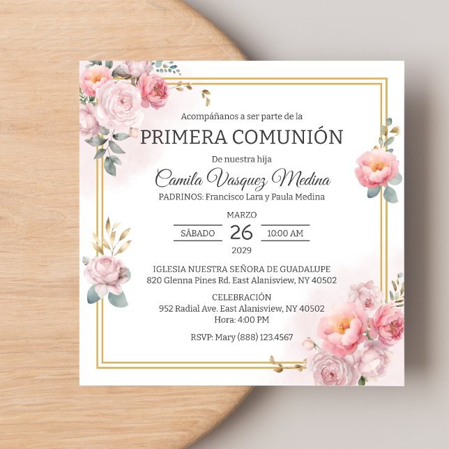 Primera Comunion Pink Roses First Holy Communion Invitation (Creator Uploaded)
