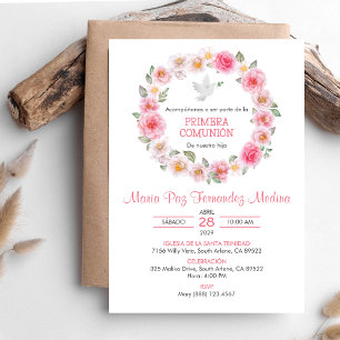 Primera Comunion Pink Roses Wreath First Communion Invitation