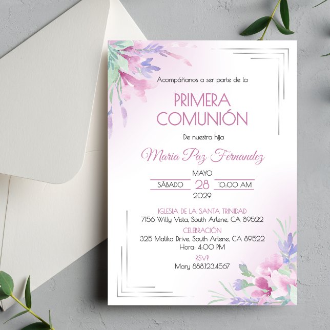 Primera Comunion Purple Flowers First Communion Invitation (Creator Uploaded)