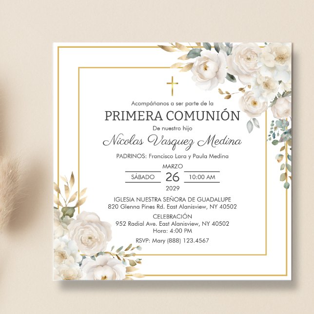 Primera Comunion White Roses First Holy Communion Invitation (Creator Uploaded)
