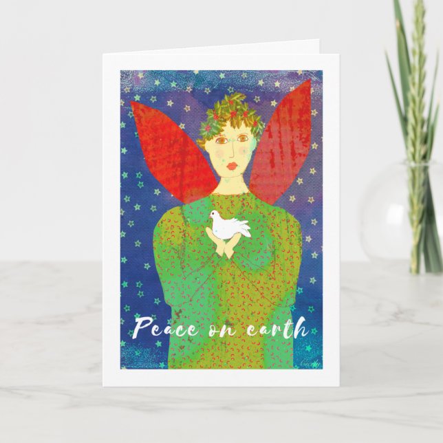 Primitive Angel and Dove, Peace on Earth Holiday Card (Front)