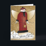 Primitive Angel Snowman with Star Christmas Card<br><div class="desc">An adorable primitive angel snowman all decked out in a red plaid coat is featured on this festive greeting card. The card features primitive,  country artwork with "Warm Holiday Wishes" on the cover and there is text inside,  that can be easily customised with your information.</div>