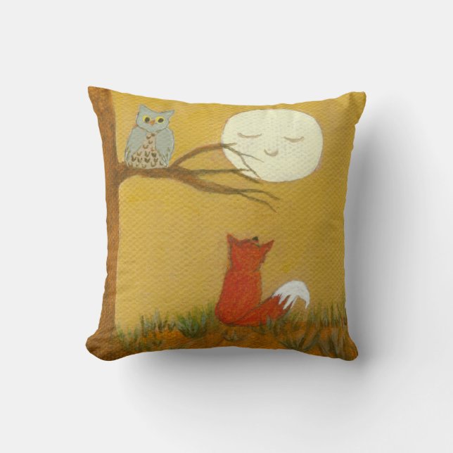 Primitive Art Painting Woodland Fox Owl Moon Cushion (Front)