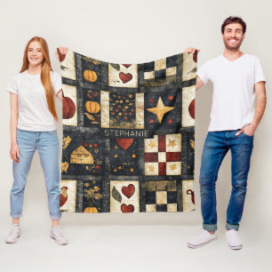 Primitive Autumn Quilt Pattern Farmhouse Harvest Fleece Blanket