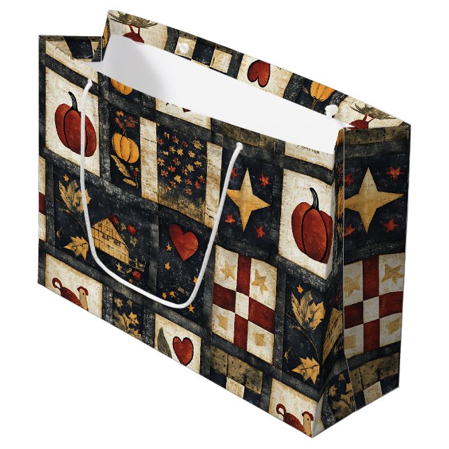 Primitive Autumn Quilt Pattern | Farmhouse Harvest Large Gift Bag (Front Angled)