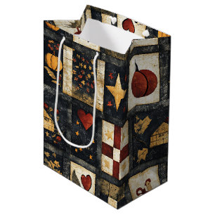Primitive Autumn Quilt Pattern   Farmhouse Harvest Medium Gift Bag