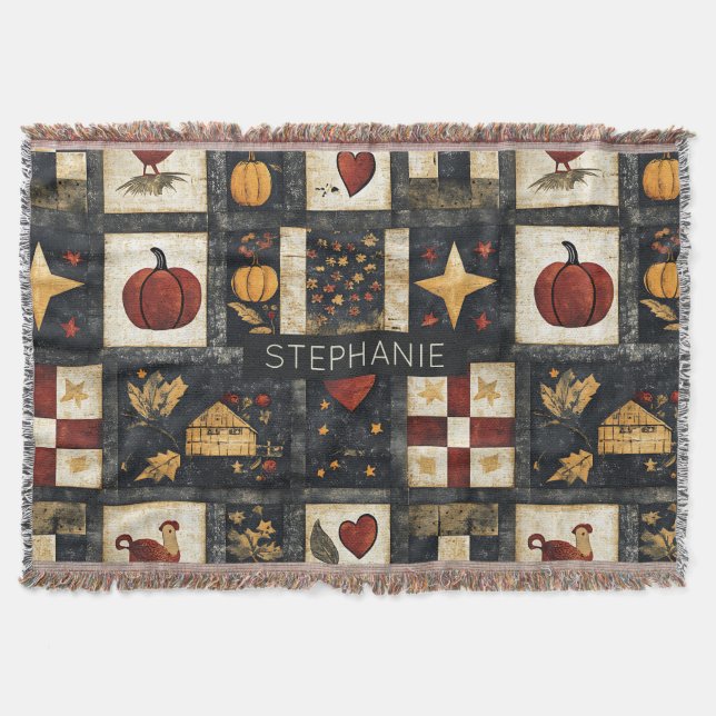 Primitive Autumn Quilt Pattern | Farmhouse Harvest Throw Blanket (Front)
