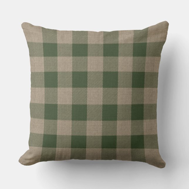 Primitive Autumn Rustic Cabin Green Check Plaid Cushion (Front)