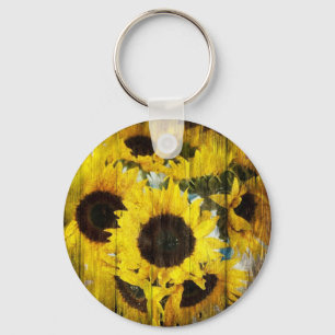 Primitive Barn Wood Western Country Sunflower Key Ring