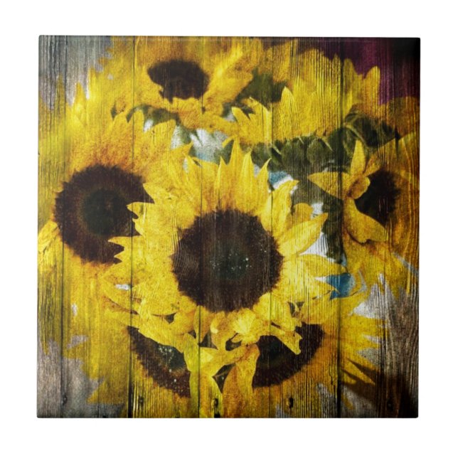 Primitive Barn Wood Western Country Sunflowers Tile (Front)