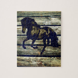 Primitive BarnWood Equestrian Black Stallion Horse Jigsaw Puzzle