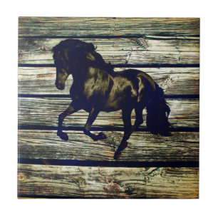 Primitive BarnWood Equestrian Black Stallion Horse Tile