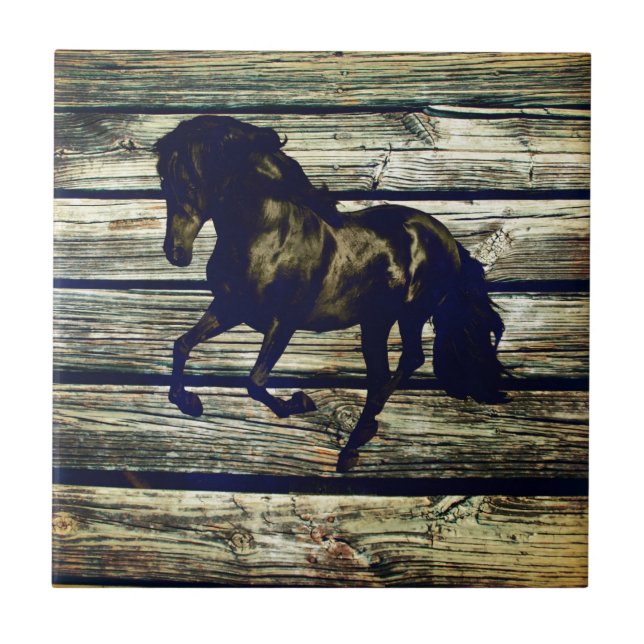 Primitive BarnWood Equestrian Black Stallion Horse Tile (Front)