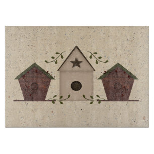 Primitive Bird Houses Glass Cutting Board