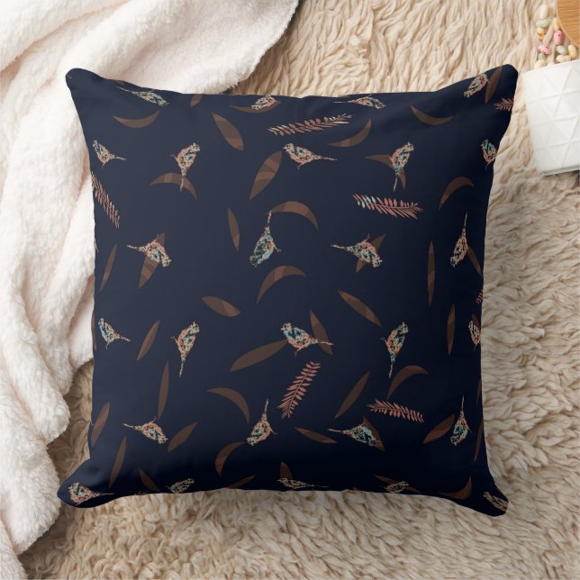 Primitive Birds Leaves and Branches Blue Rust Cushion (Blanket)